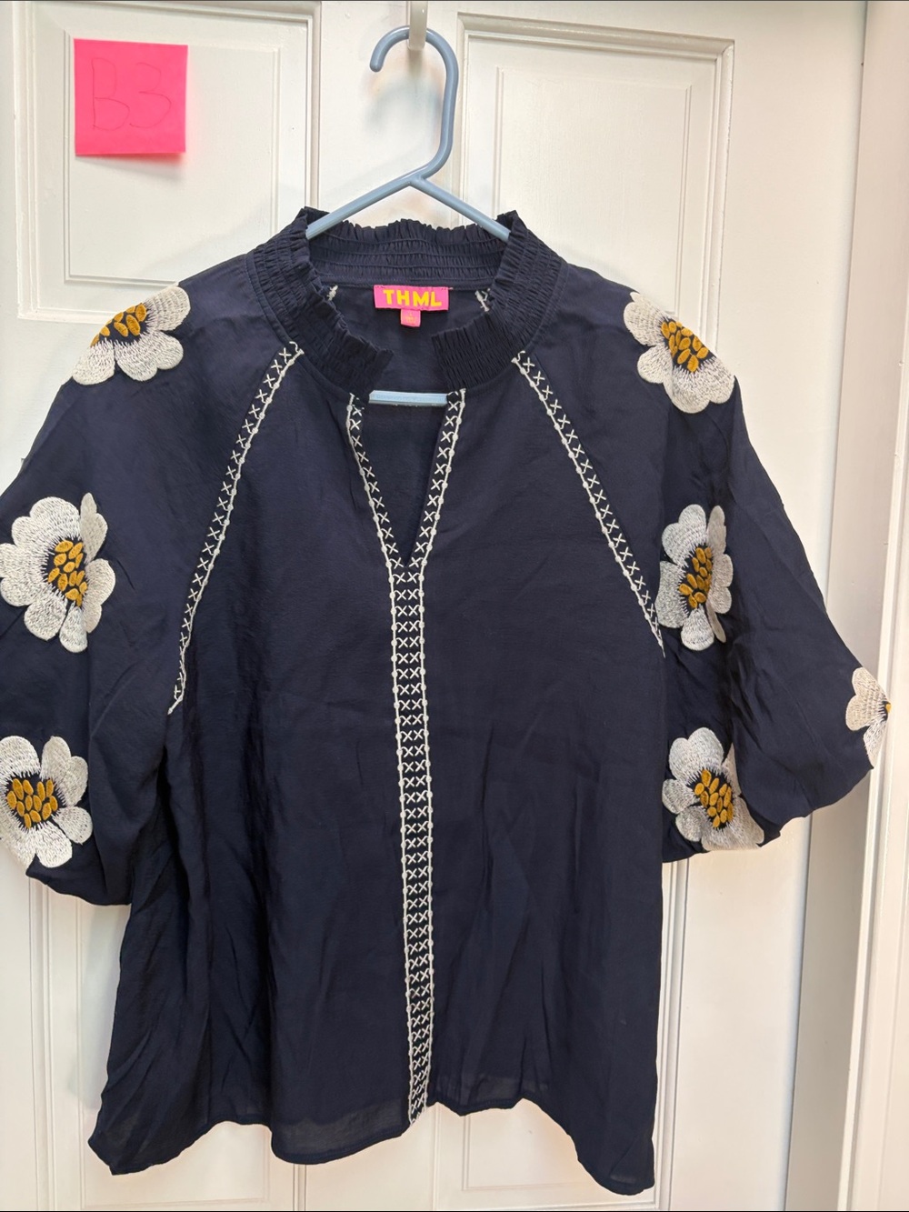 THML Navy Embroidered Floral Short-Sleeve Jacket